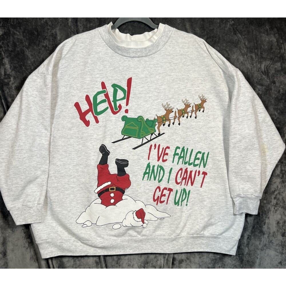 Vintage Christmas Sweatshirt Gray 2X Santa Claus Nutcracker Oversized Crewneck